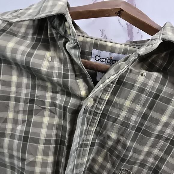 Carhartt Shirt Mens Large Short Sleeve Button Up Plaid Green Collared - Picture 9 of 13